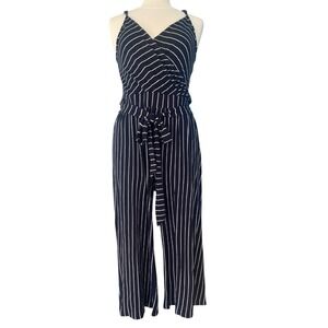 Market & Spruce Adelina Pinstripe Surplice Blue Jumpsuit L Nautical Coastal Prep